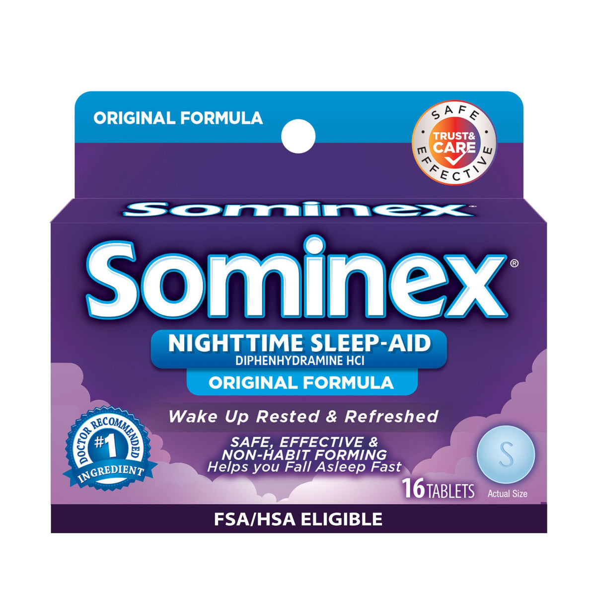 Sominex Original Formula 16-tablet packshot promoting restful sleep.