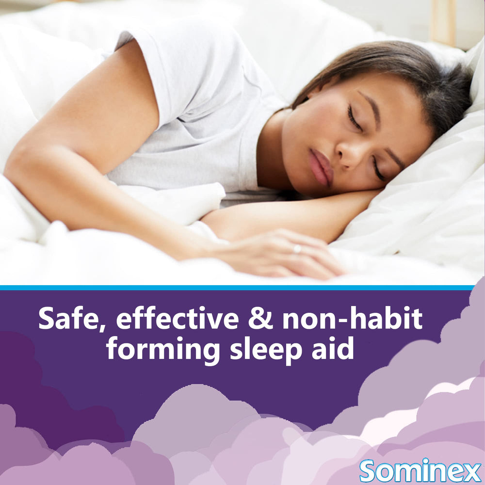 Sominex Original Formula bottle closeup showing sleep-support 25 mg Diphenhydramine HCl.