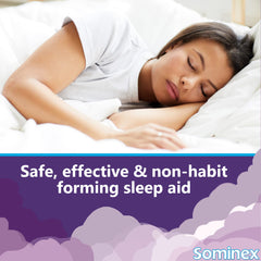 Sominex Original Formula bottle closeup showing sleep-support 25 mg Diphenhydramine HCl.