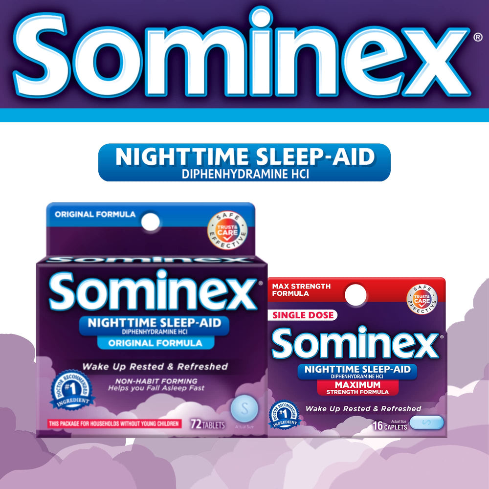 Sominex Pill label closeup shows dosing guidance for adults and older children.