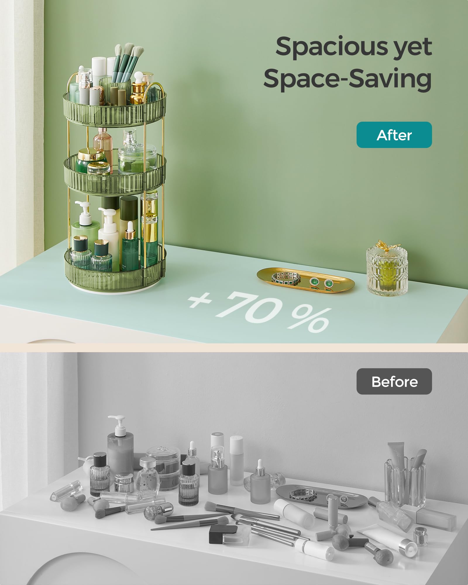 SONGMICS Makeup Organizer pale green finish adds soft color to vanity