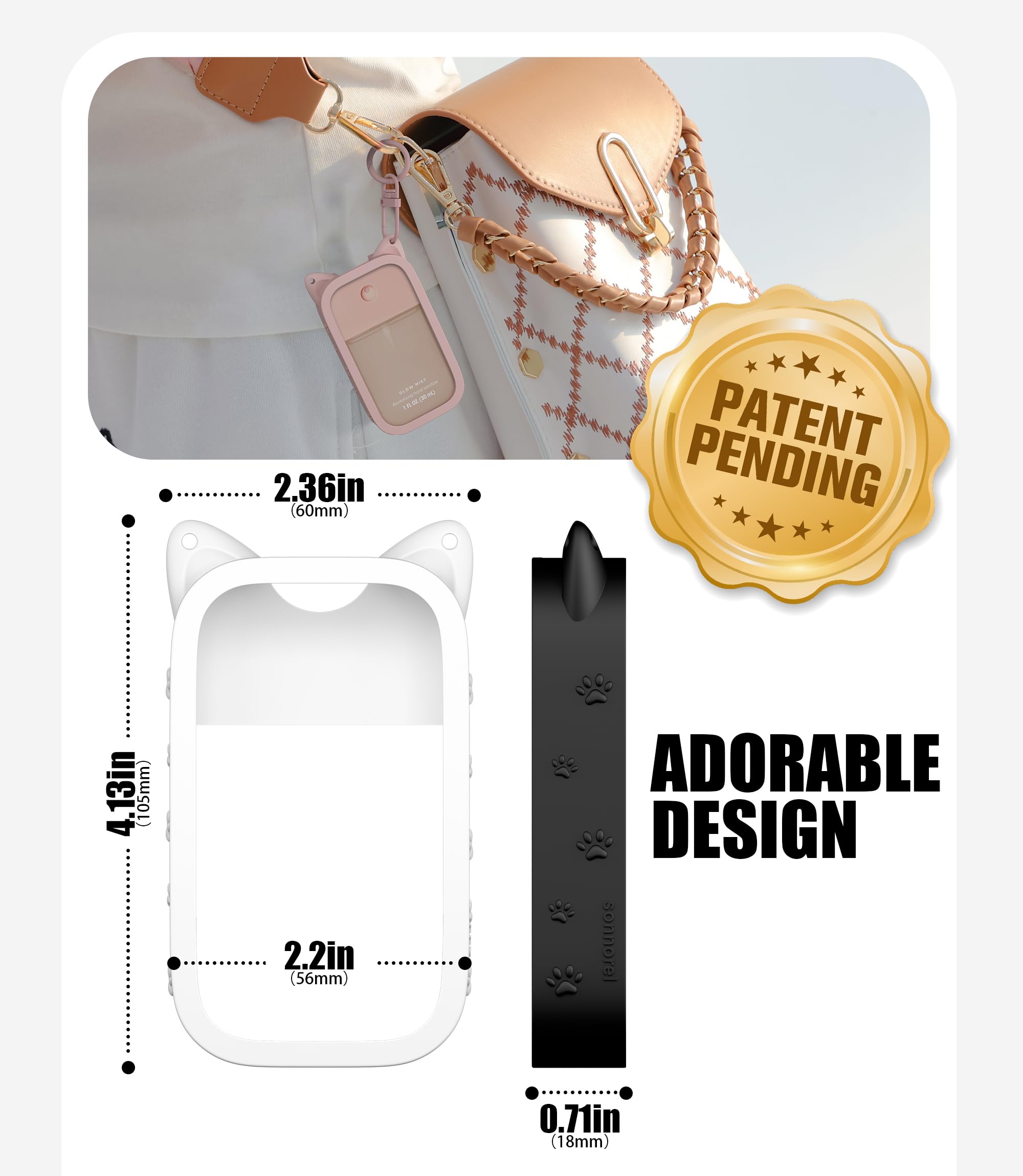Sonnorel lifestyle-use ready image shows sanitizer case on bag with keys