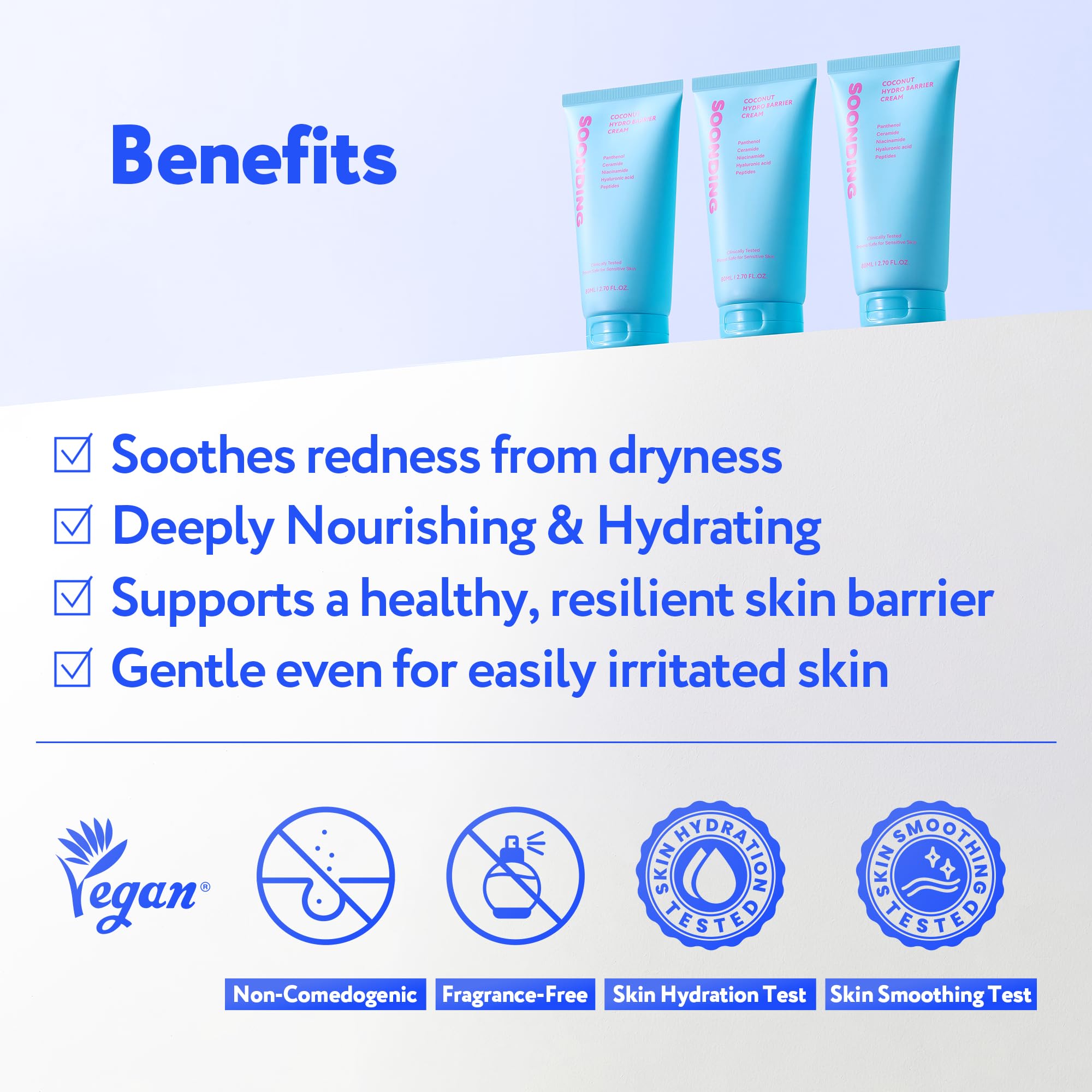 SOONDING Coconut Hydro Barrier Cream bottle shows compact 80ml size for routine travel.