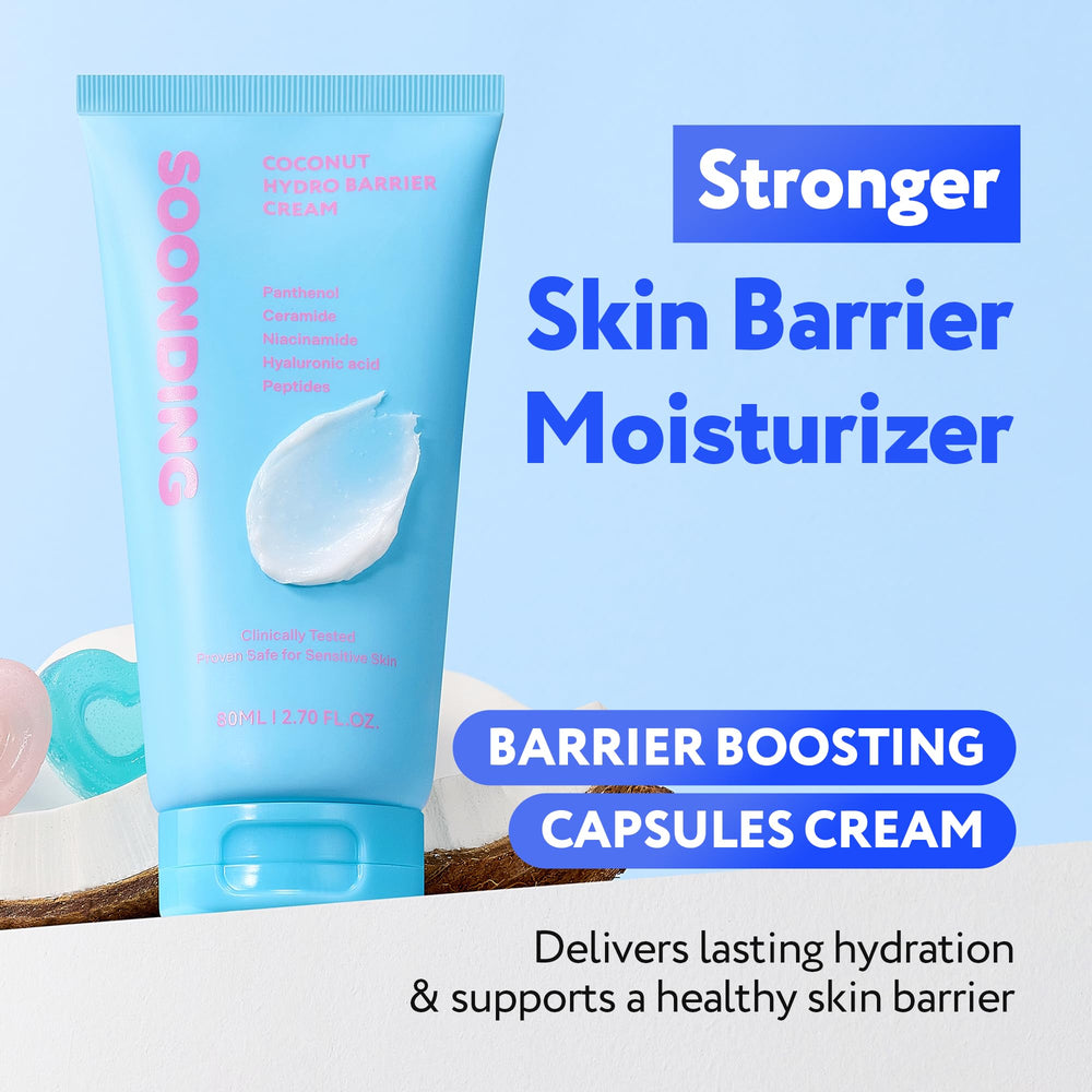 SOONDING Coconut Hydro Barrier Cream cap closeup highlights fragrance-free formula ideal for sensitive skin.