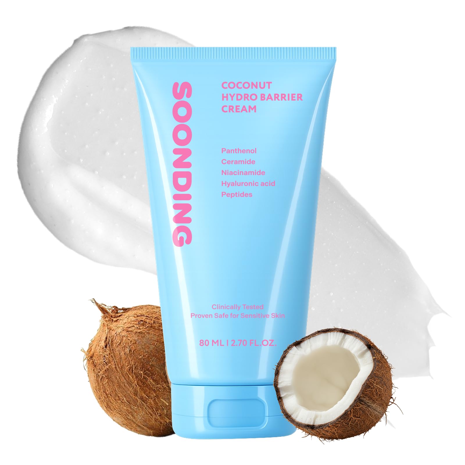 SOONDING Coconut Hydro Barrier Cream tube provides lightweight, non-greasy hydration for daily skincare.
