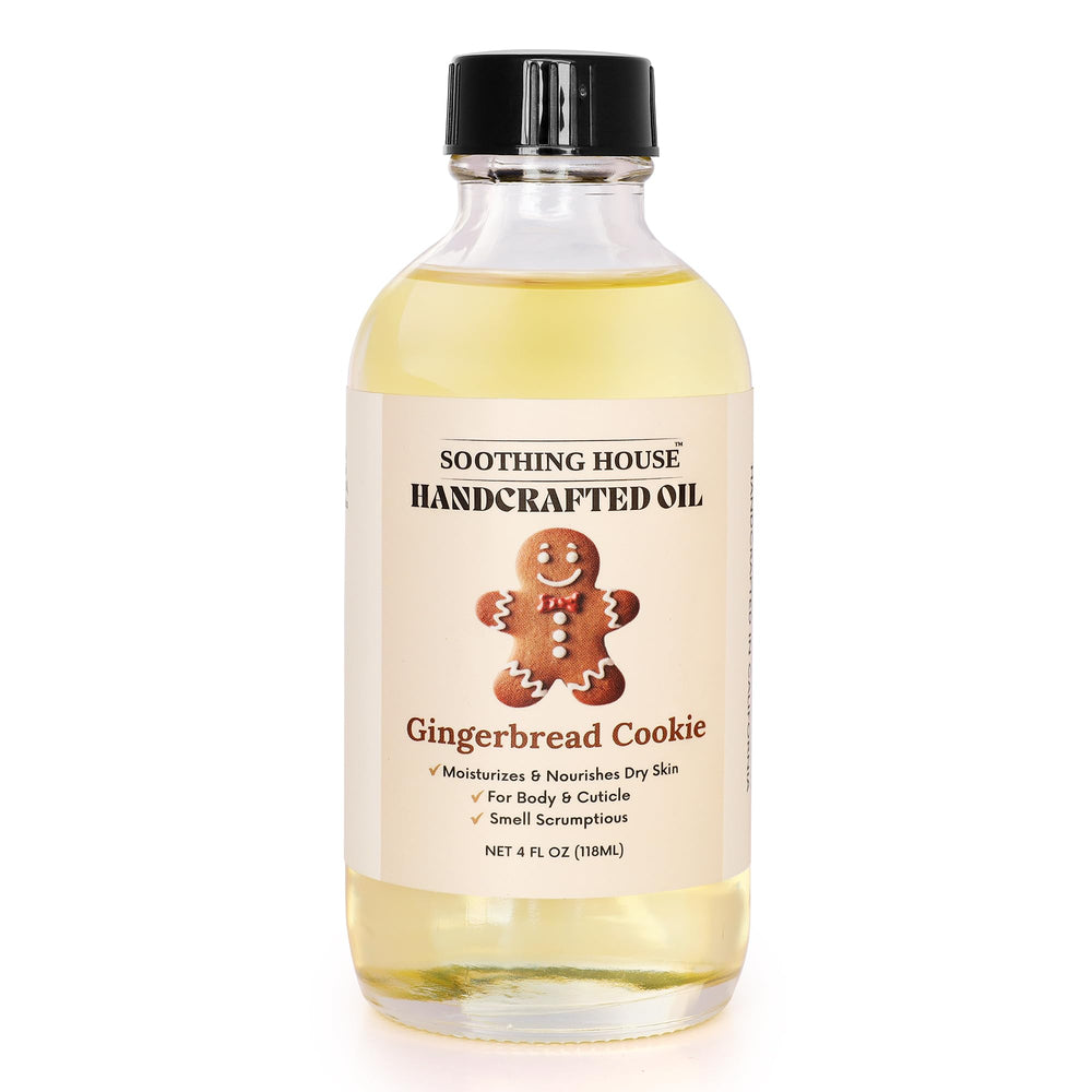 Soothing House Gingerbread Cookie Body Oil being applied for quick hydration and scent.
