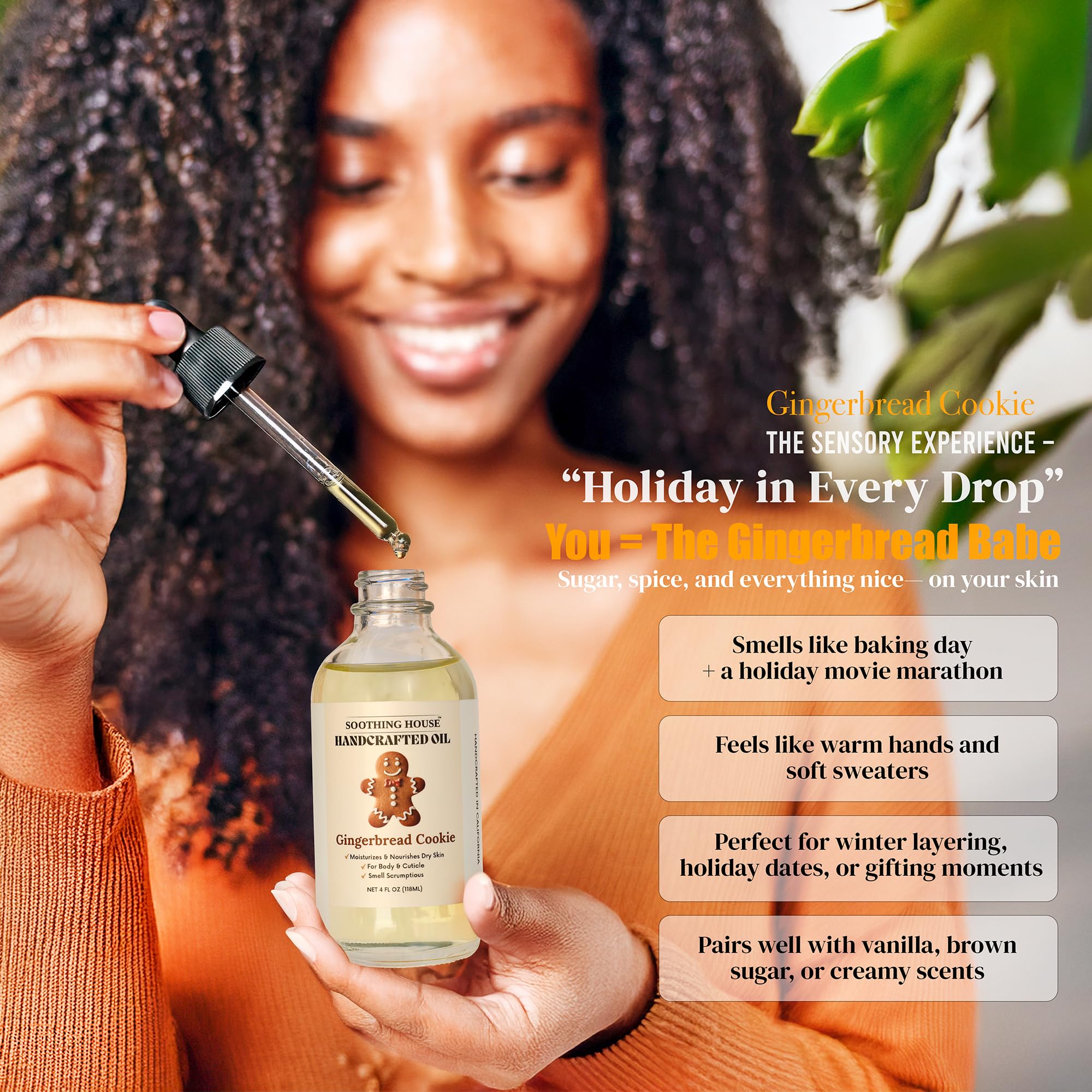 Soothing House Gingerbread Cookie Body Oil applied to cuticles for winter softness.
