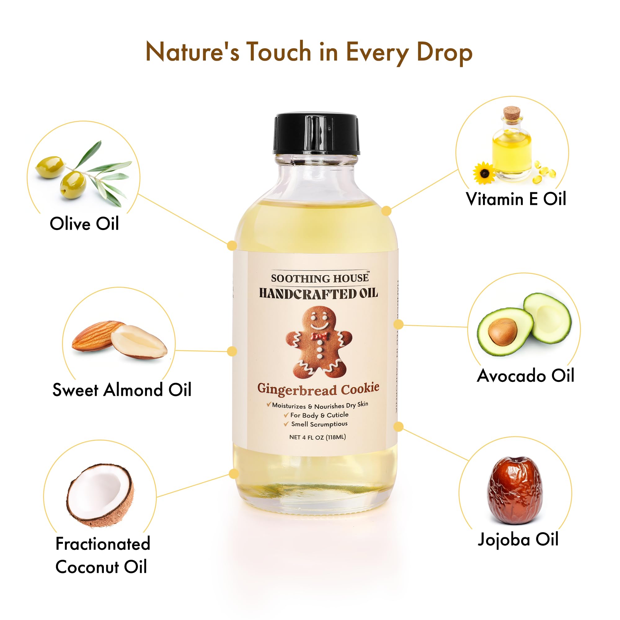Soothing House Gingerbread Cookie Body Oil on hair ends adds shine.