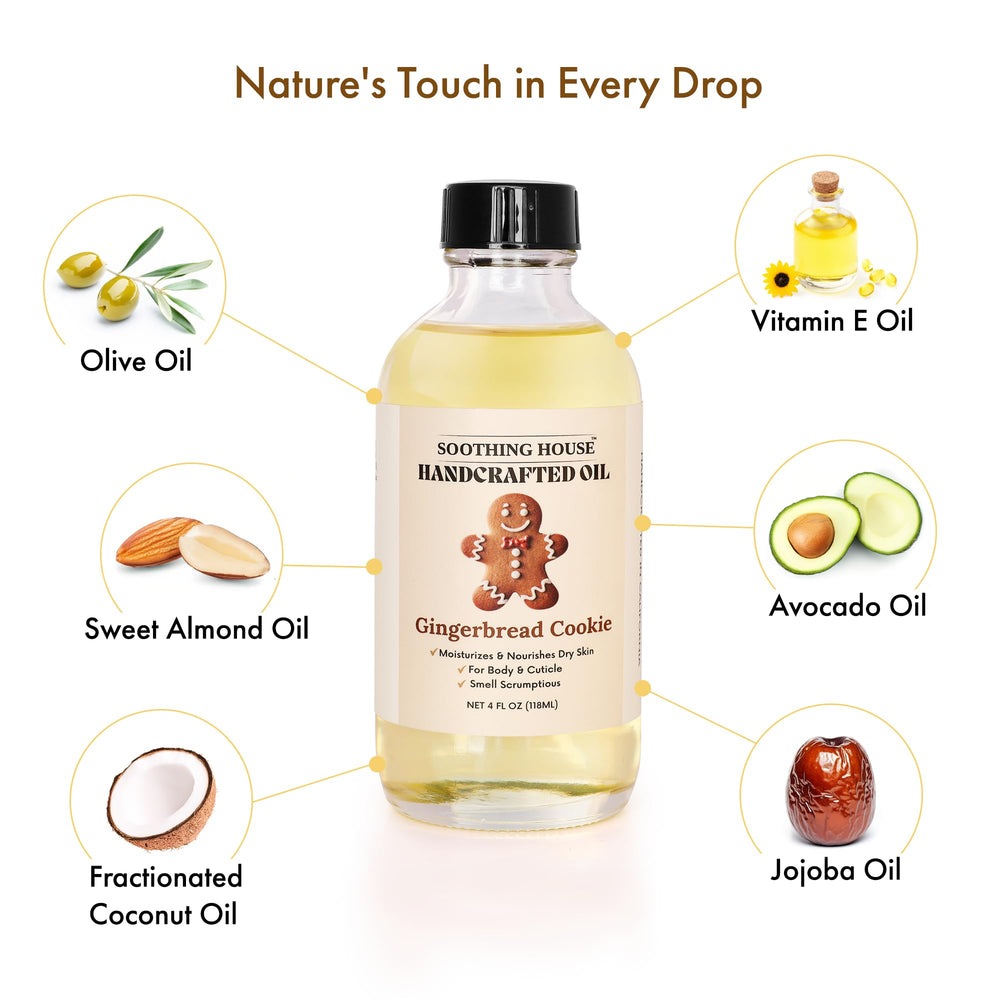 Soothing House Gingerbread Cookie Body Oil on hair ends adds shine.
