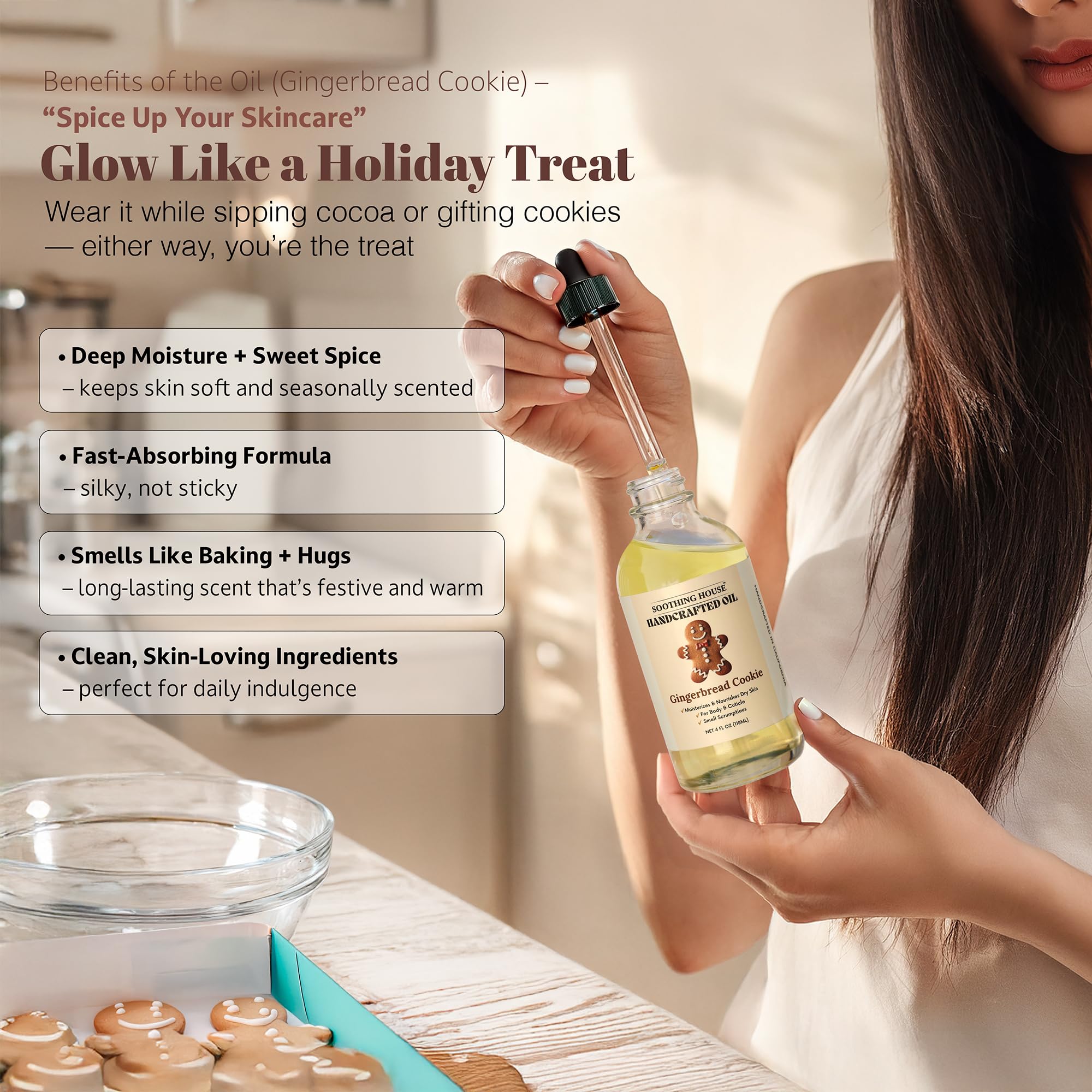 Soothing House Gingerbread Cookie Body Oil evokes cozy holiday scent.