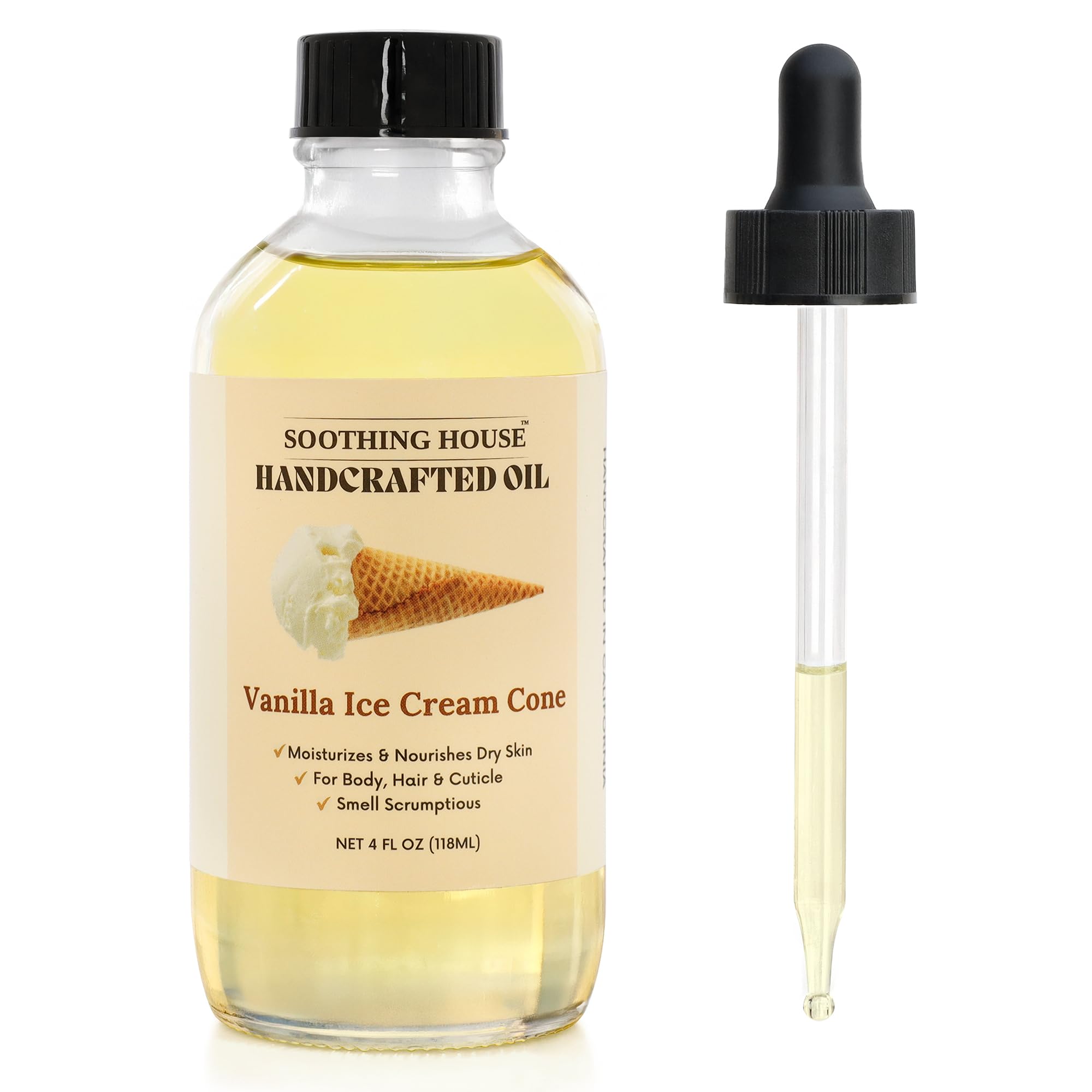 Soothing House Vanilla Ice Cream Cone Body Oil bottle showcases fast absorption and light hydration.