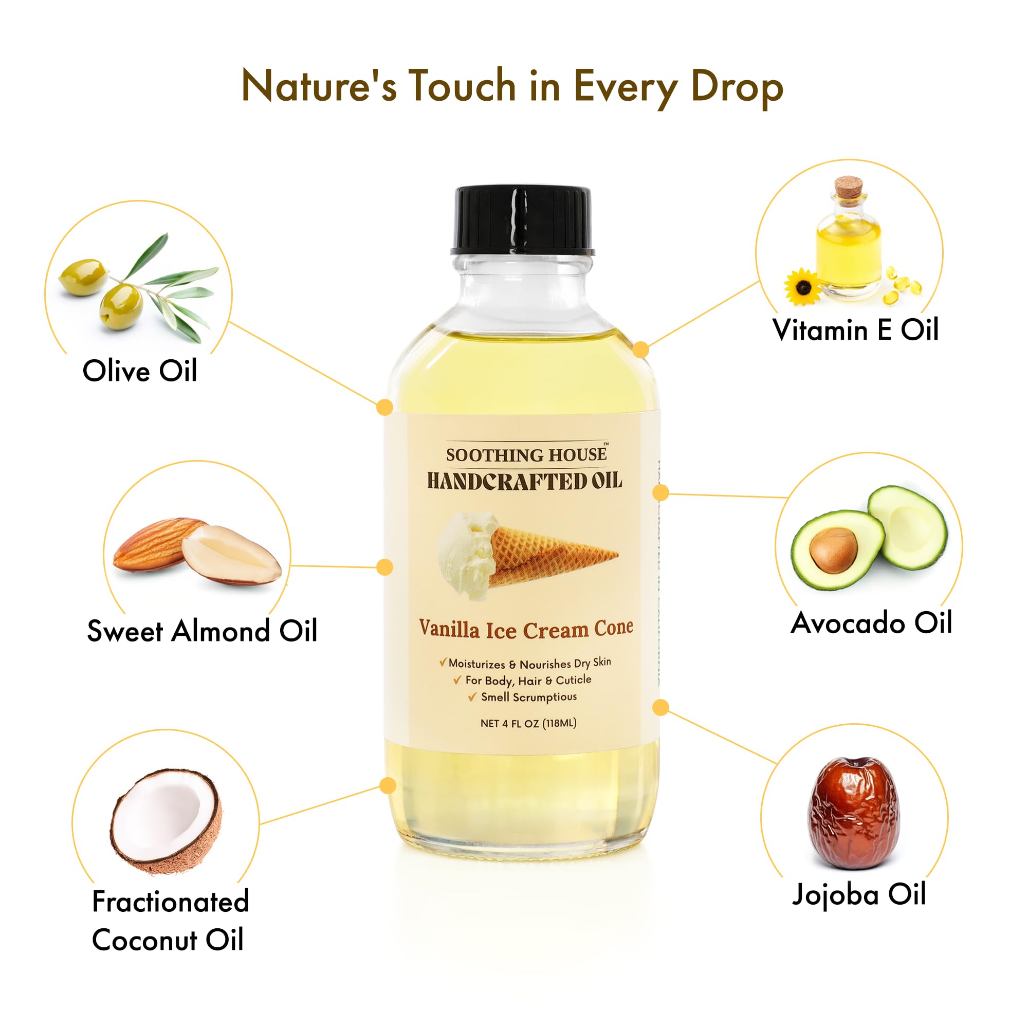 Soothing House vanilla-scented oil applied during daily routine for a mood-lifting, soothing scent.