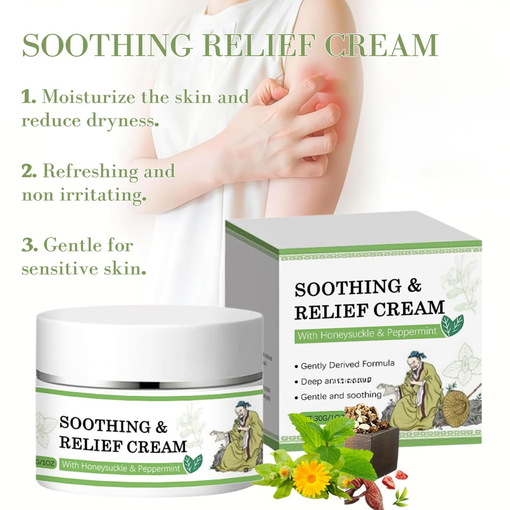 Soothing Relief Cream tube closeup highlights lightweight hydration for daily sensitive-skin care.