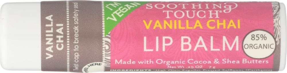 Soothing Touch lip balm vegan vanilla chai 3-pack on display for easy selection