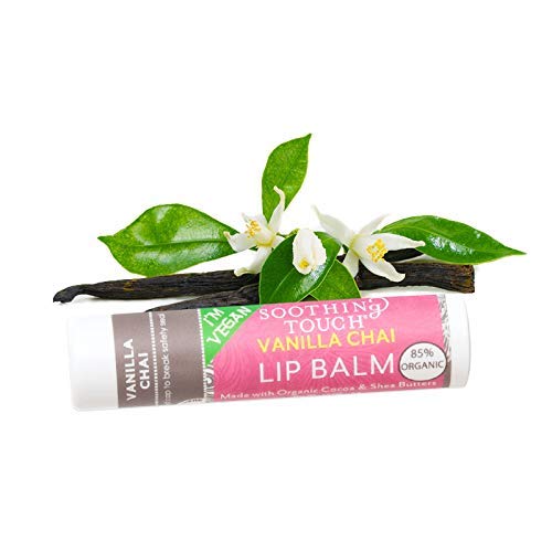 Soothing Touch vegan lip balm application shows a travel-friendly tube for on-the-go hydration.