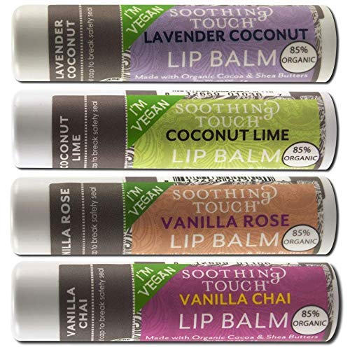 Soothing Touch vegan lip balm packaging for daily moisture and natural lip care.