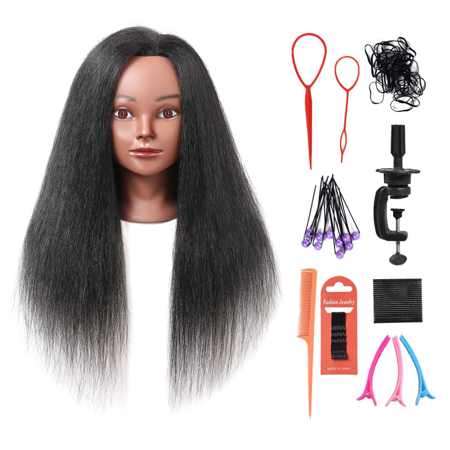 SOPHIRE mannequin head 18in black real hair for professional hairstyling practice.