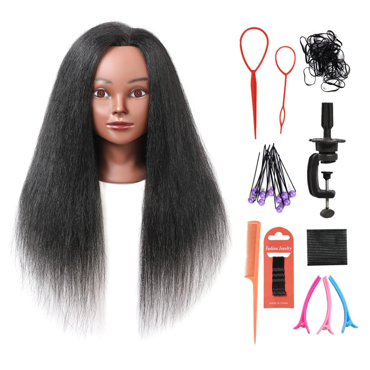 SOPHIRE mannequin head 18in black real hair for professional hairstyling practice.
