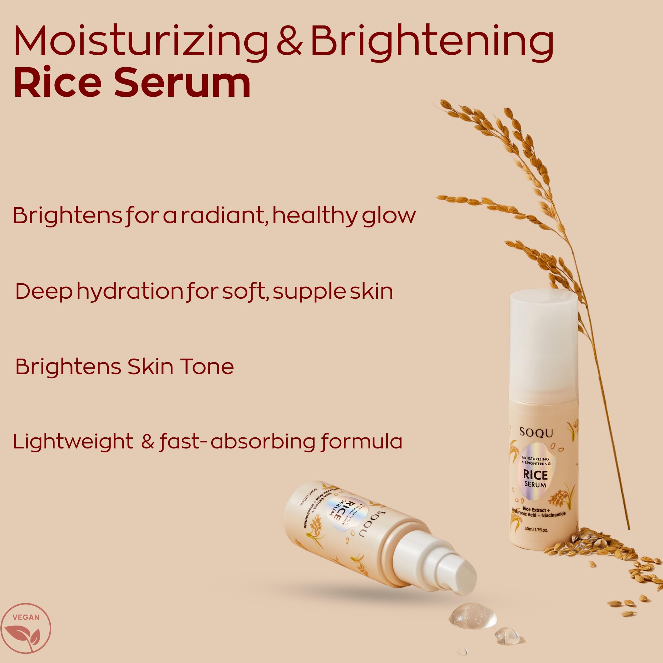 SOQU Rice Serum dropper-action demonstrates quick absorption for daily use.
