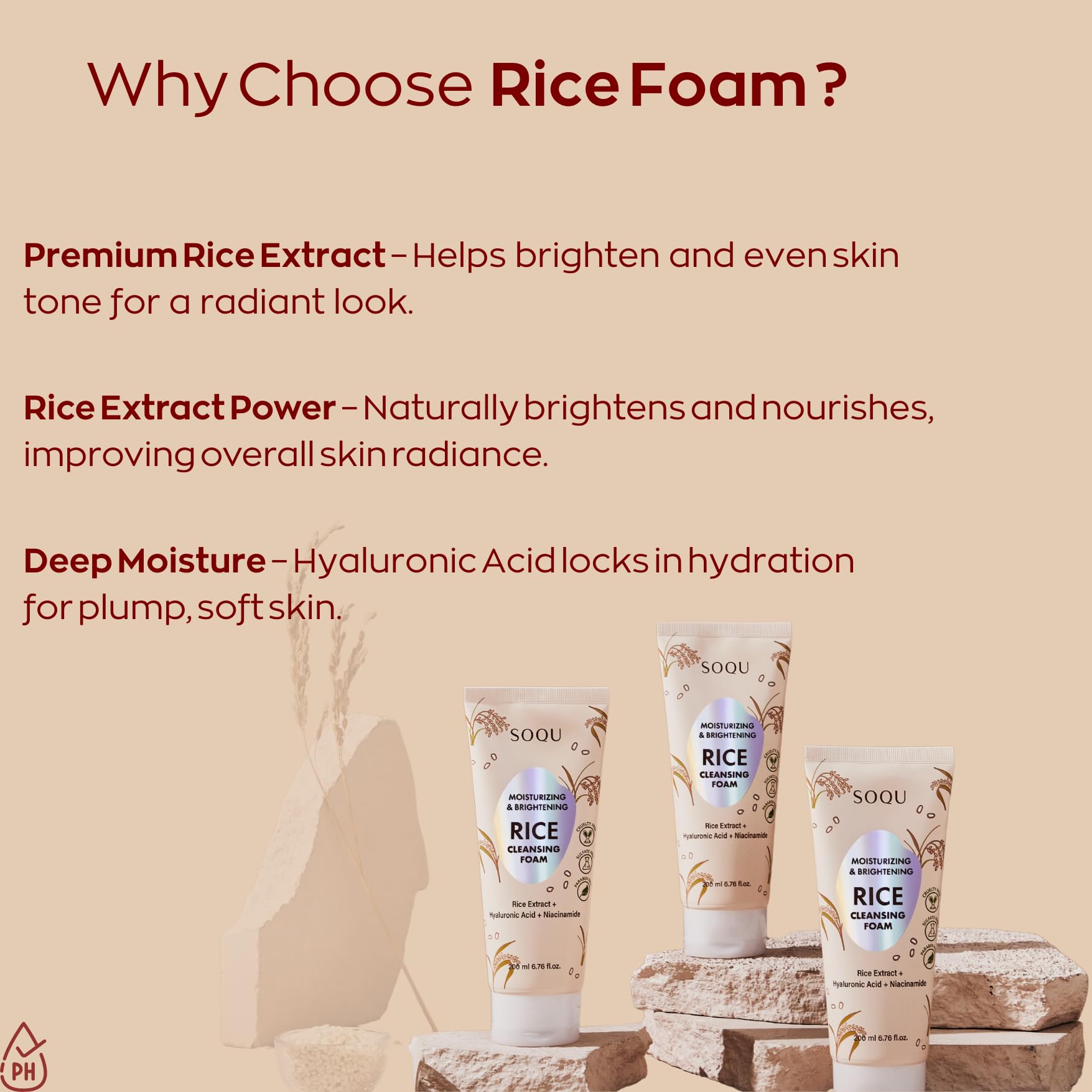 SOQU Rice Foam Cleanser application image showing gentle facial cleanse