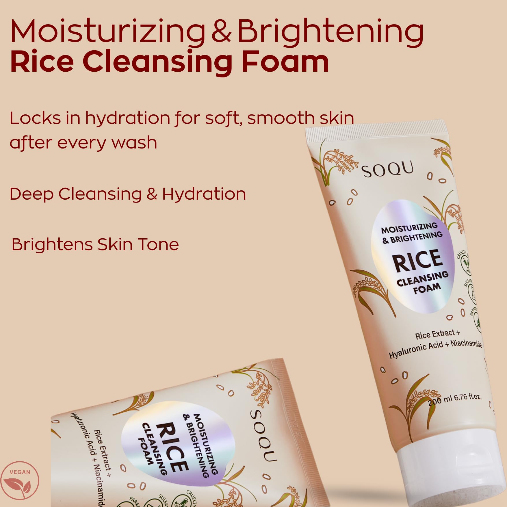 SOQU Rice Foam Cleanser foam closeup showing rich, gentle cleansing lather