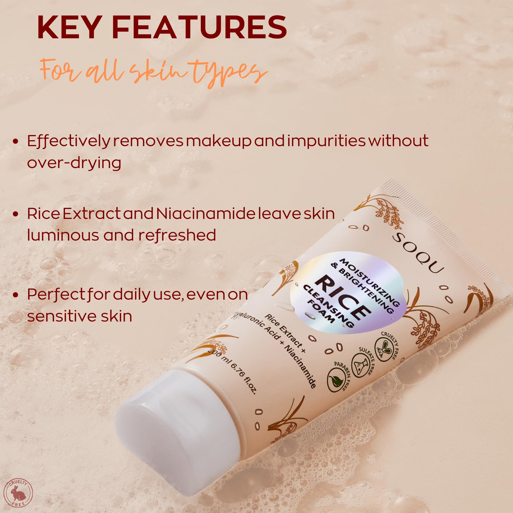 SOQU Rice Foam Cleanser Hyaluronic Acid image emphasizes deep hydration