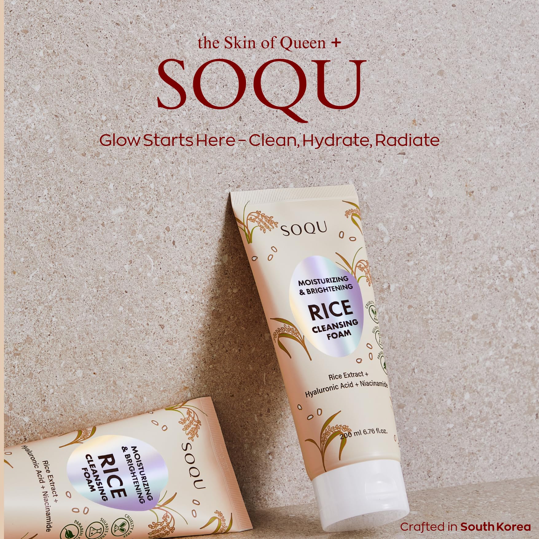 SOQU Rice Foam Cleanser packaging image featuring 200ml bottle