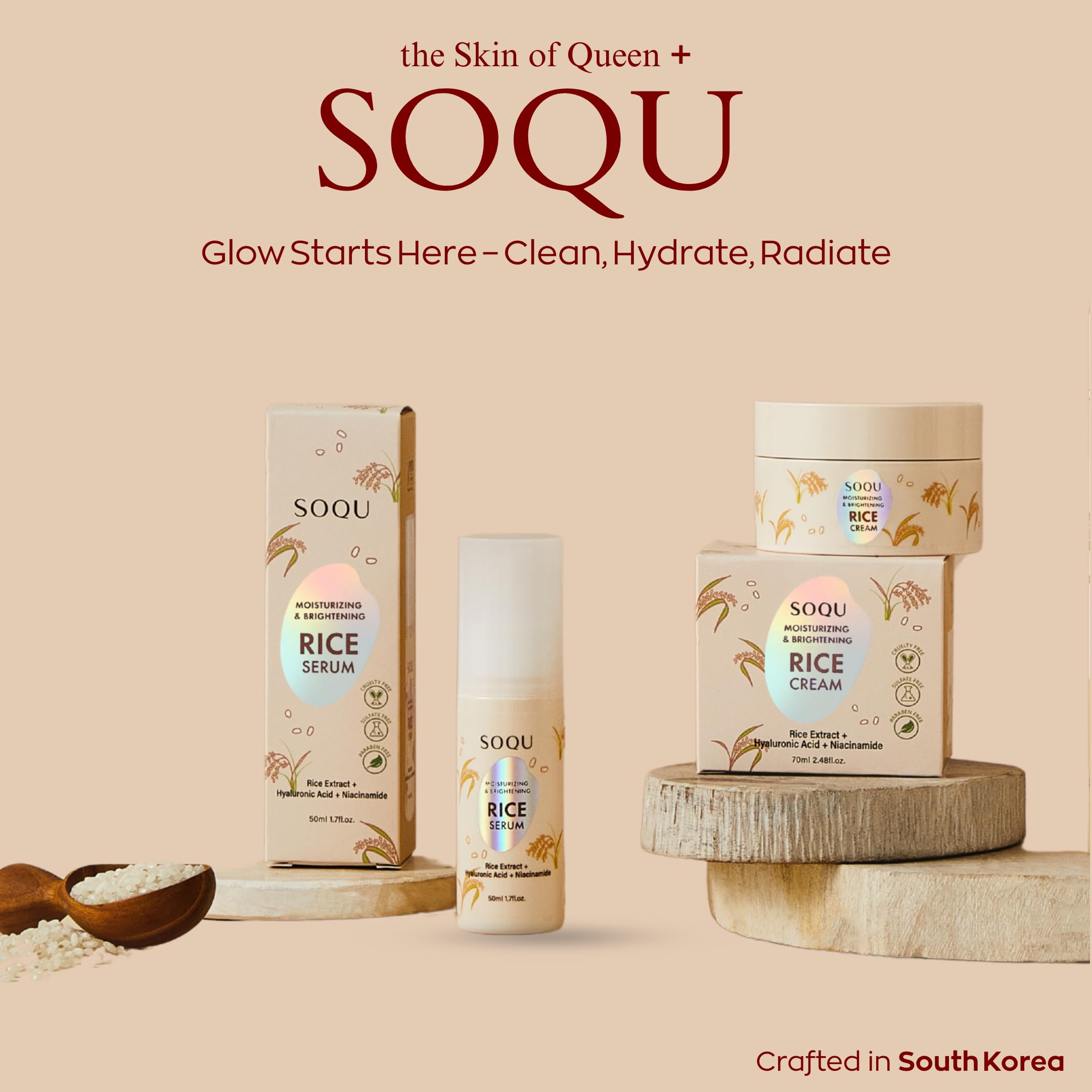 SOQU Rice Serum in daily routine setup suggests hydration and a radiant complexion.