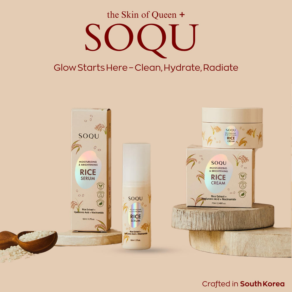 SOQU Rice Serum in daily routine setup suggests hydration and a radiant complexion.