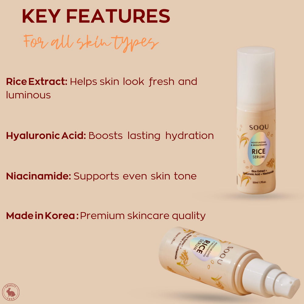 SOQU Rice Serum packaging box front emphasizes premium brightening care.