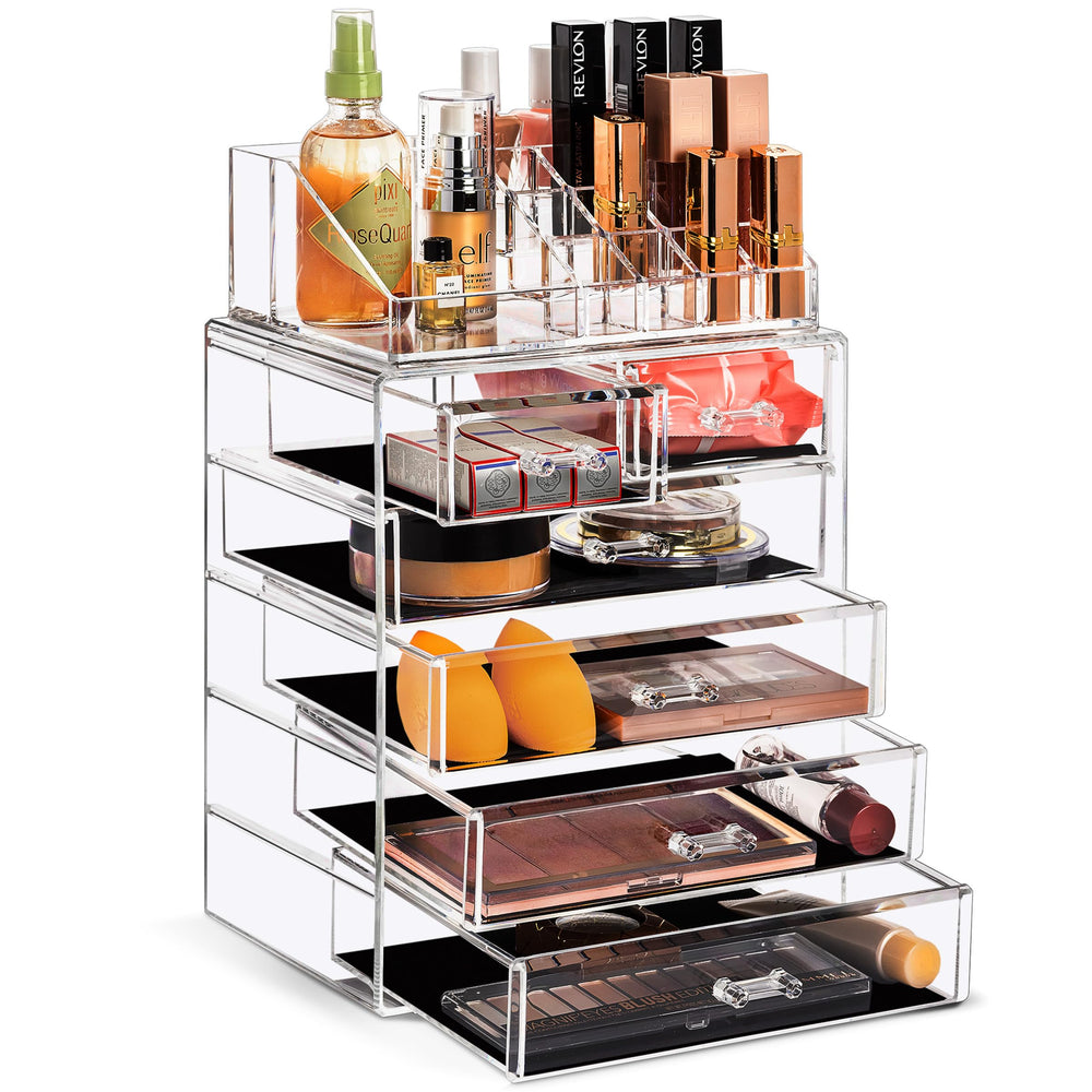 Sorbus acrylic makeup organizer seven-compartment vanity stores brushes, lipsticks, and jewelry for easy access.