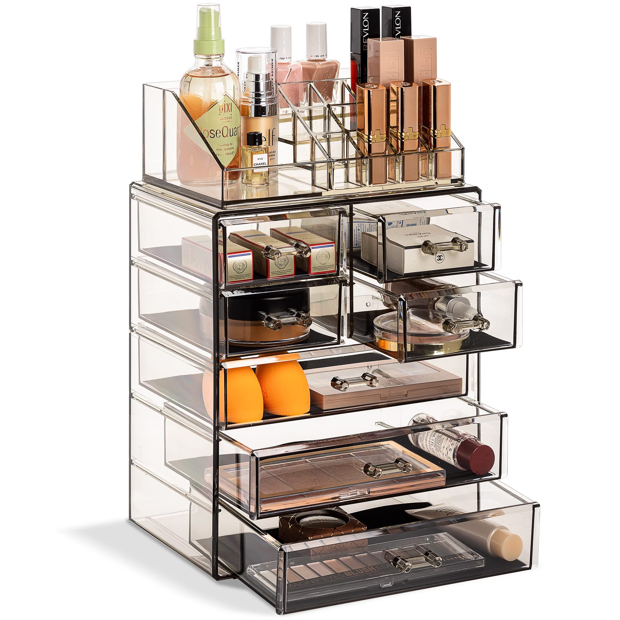 Sorbus acrylic makeup organizer with seven drawers keeps cosmetics organized and within reach.
