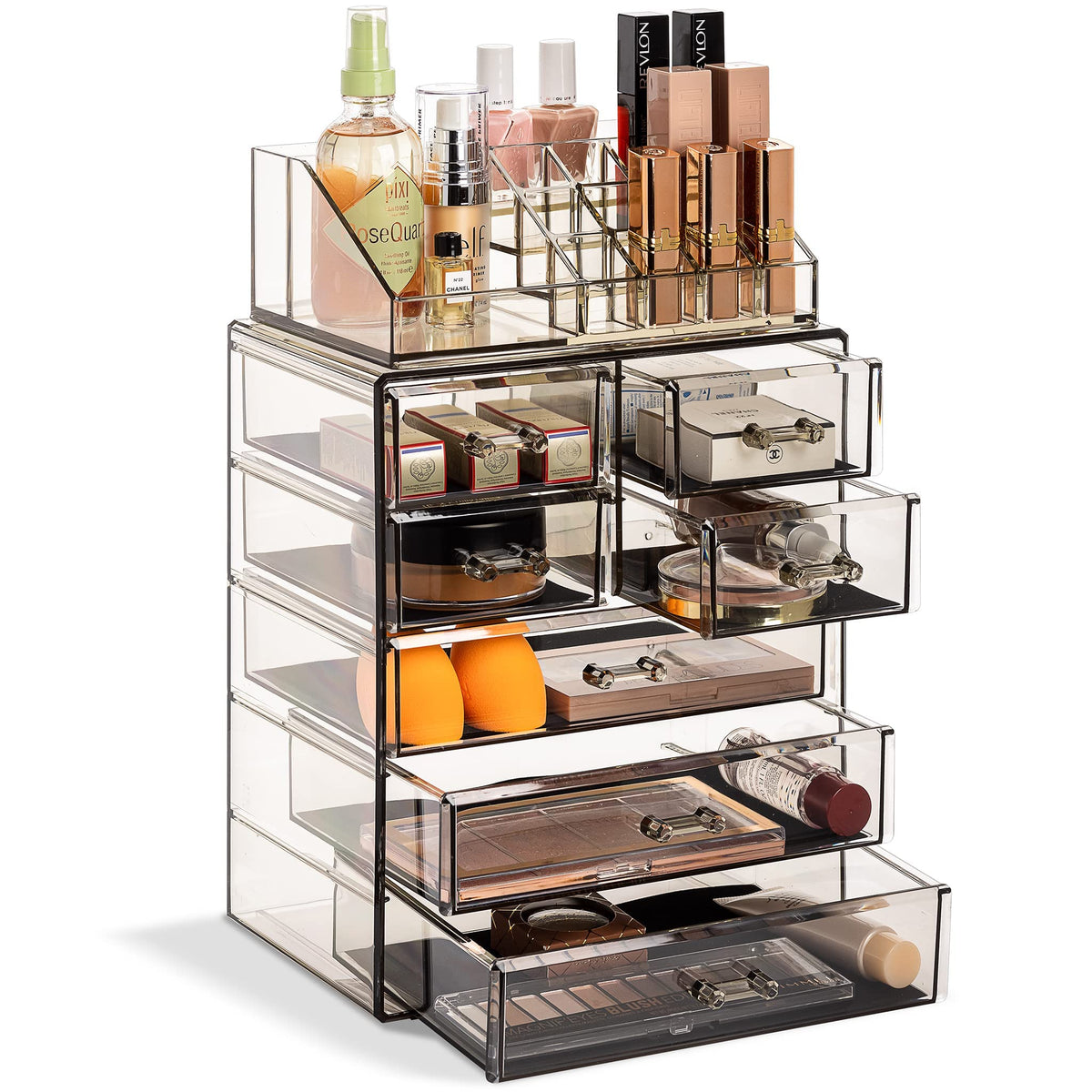 Sorbus acrylic makeup organizer with seven drawers keeps cosmetics organized and within reach.