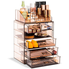 Sorbus acrylic makeup organizer with seven drawers keeps daily makeup neatly within reach.