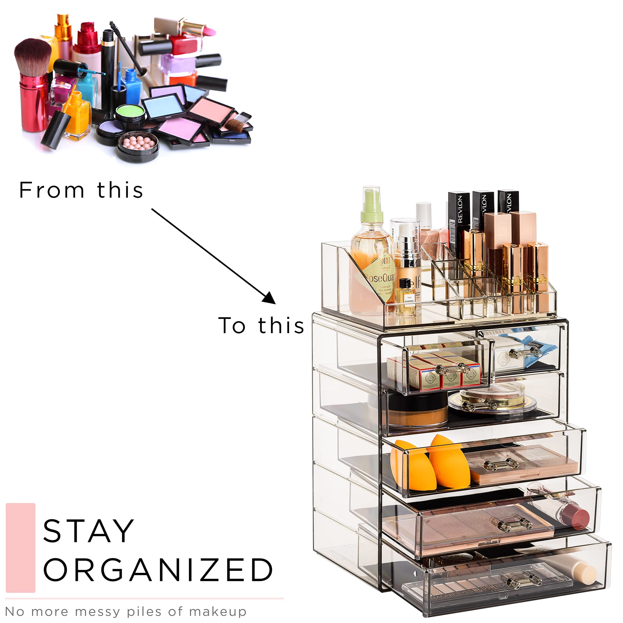 Sorbus acrylic makeup organizer compact vanity setup saves counter space.
