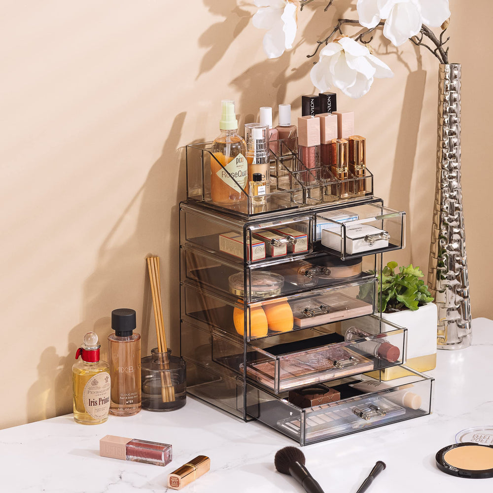 Sorbus acrylic makeup organizer jewelry compartment for easy access to accessories.