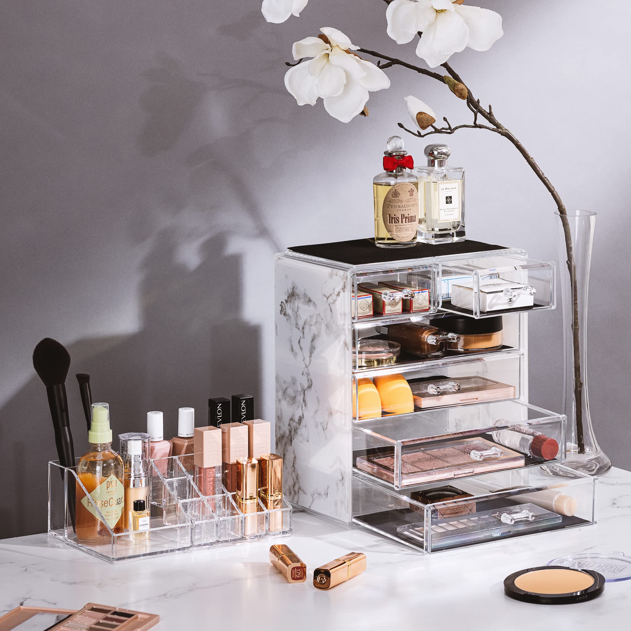 Sorbus acrylic organizer marble print displays cosmetics clearly, reducing search time during busy mornings.