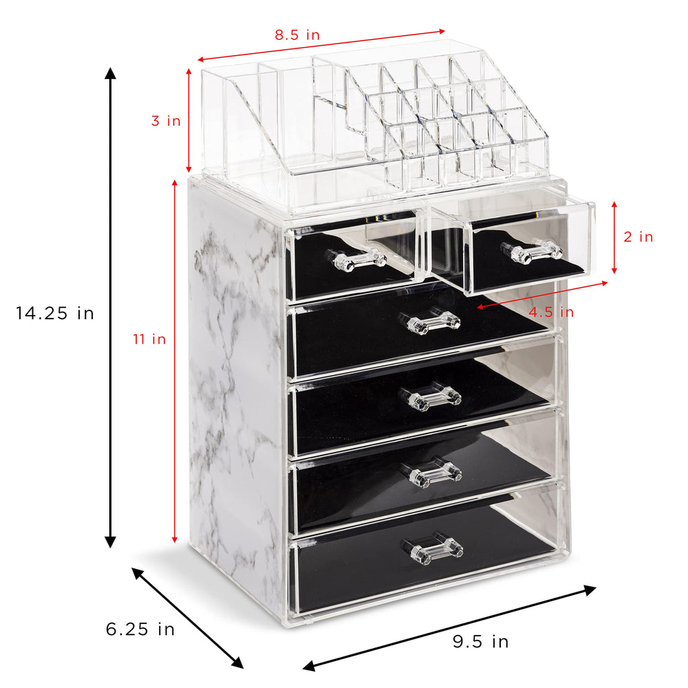 Sorbus makeup organizer includes small compartments for jewelry, keeping accessories paired and tumbled-free.