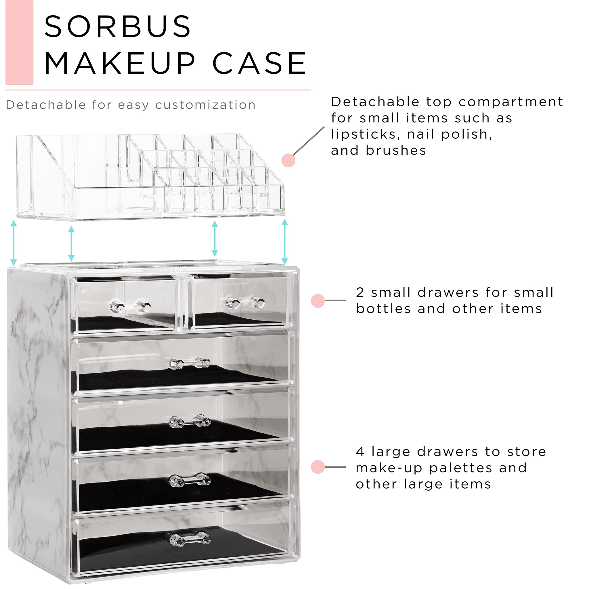 Sorbus marble print acrylic organizer offers top compartments for brushes and a versatile storage layout.