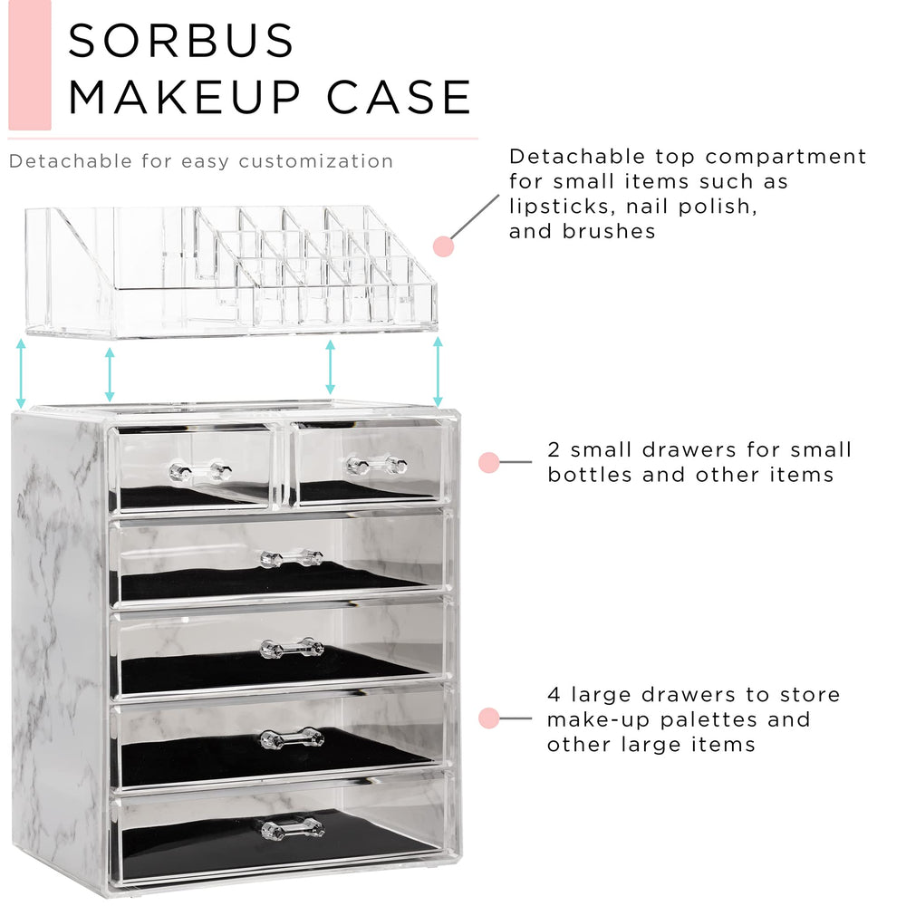 Sorbus marble print acrylic organizer offers top compartments for brushes and a versatile storage layout.