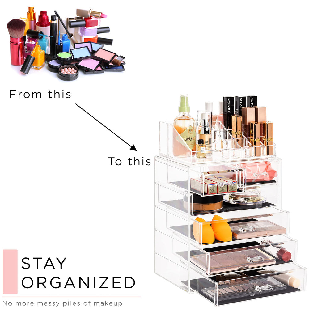 Sorbus clear makeup organizer on vanity keeps skincare and accessories neatly arranged.