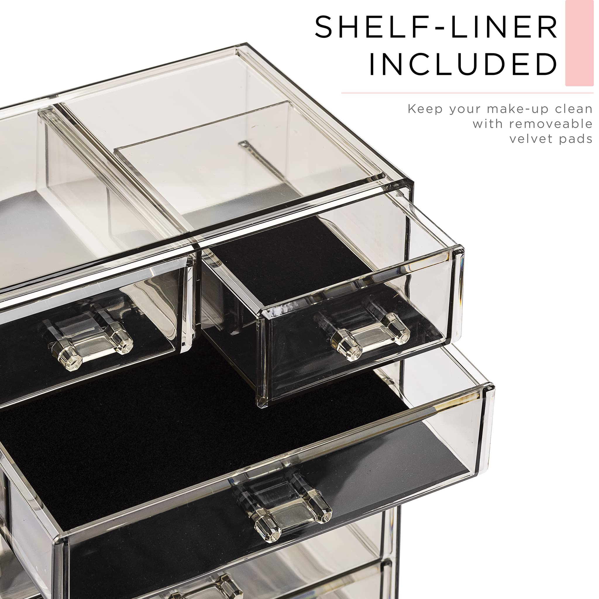 Sorbus acrylic makeup organizer shelf liner included to protect surfaces.