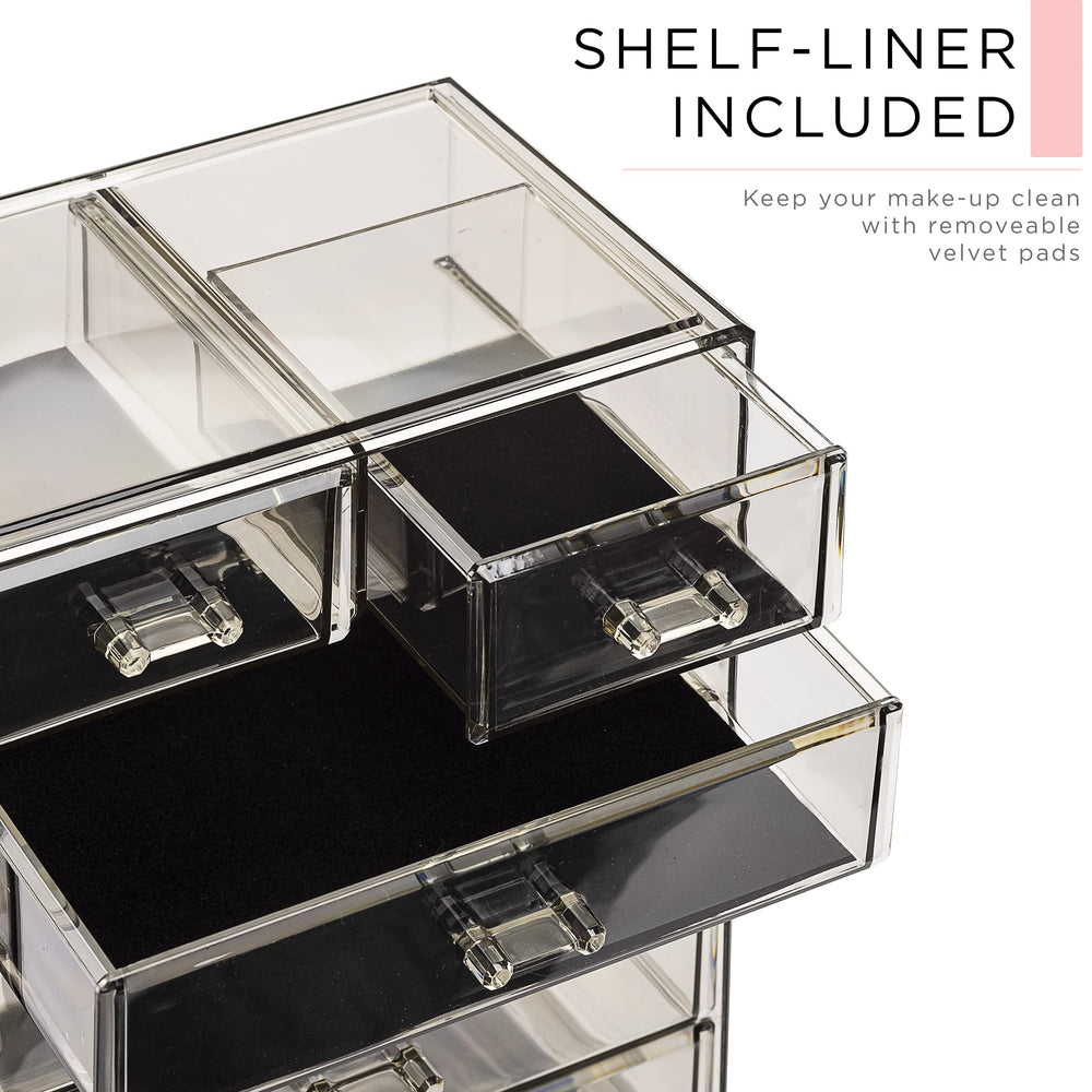 Sorbus acrylic makeup organizer shelf liner included to protect surfaces.