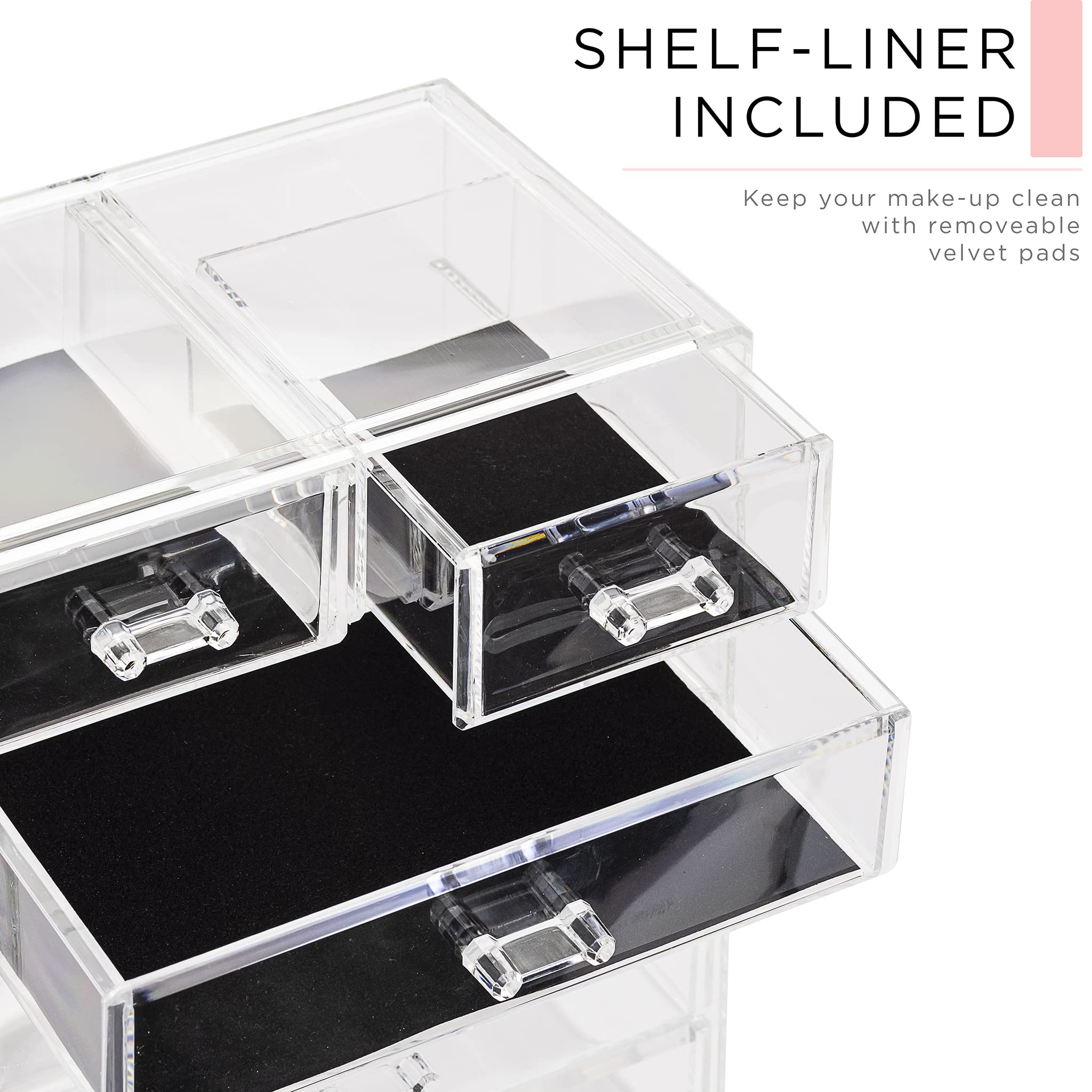 Sorbus shelf liner protects cosmetics and reduces sliding on inside surfaces.