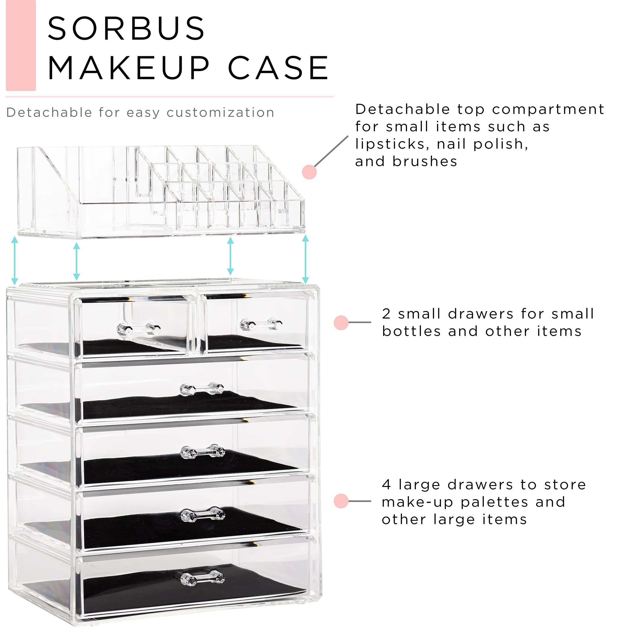 Sorbus small side drawers provide organized space for liners, brow products, and accessories.