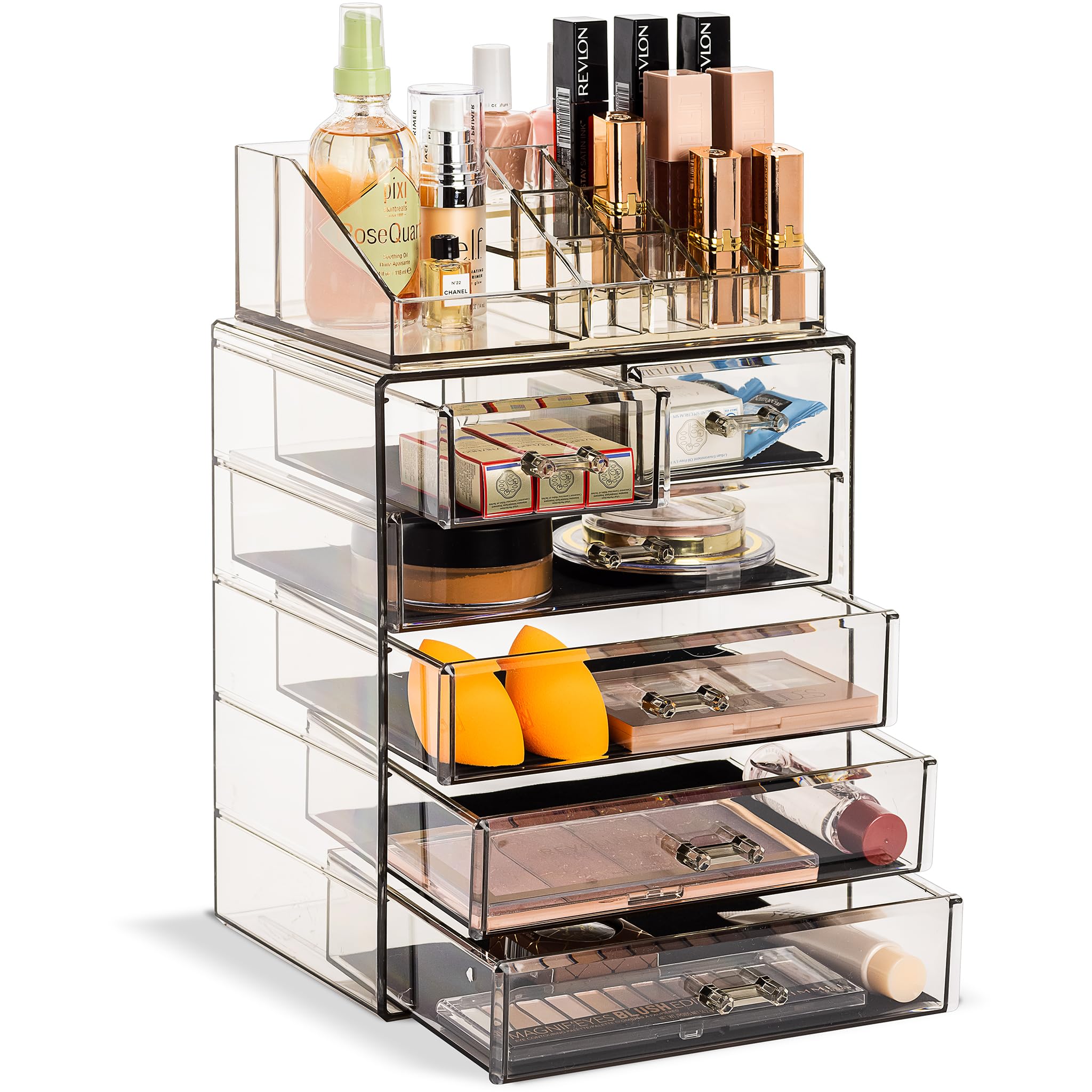 Sorbus acrylic makeup organizer top compartment for brushes and jewelry.