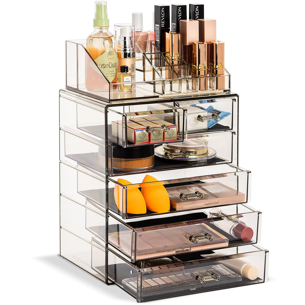 Sorbus acrylic makeup organizer top compartment for brushes and jewelry.