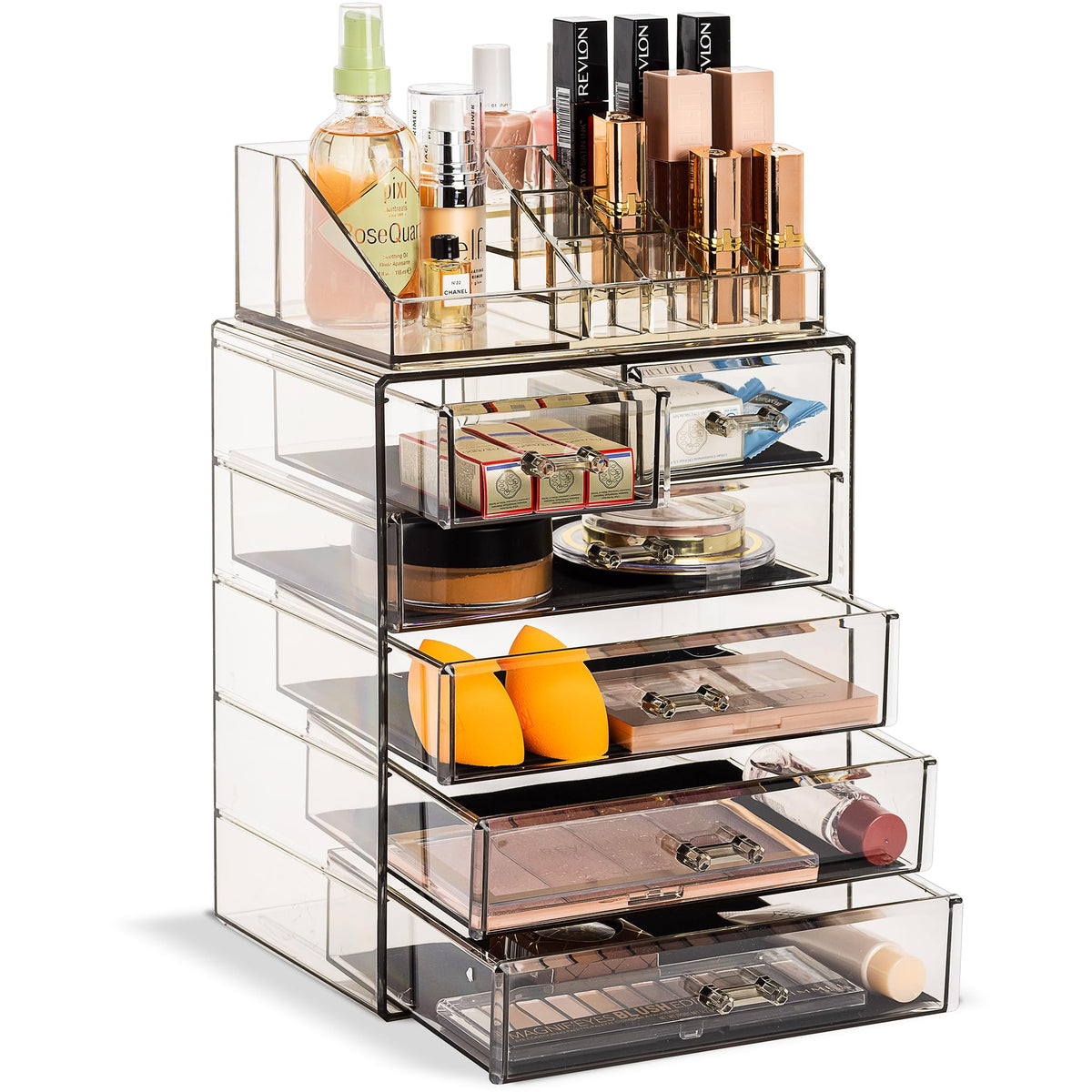 Sorbus acrylic makeup organizer top compartment for brushes and jewelry.