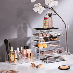 Sorbus acrylic makeup organizer top compartment keeps small items within reach for quick routines.