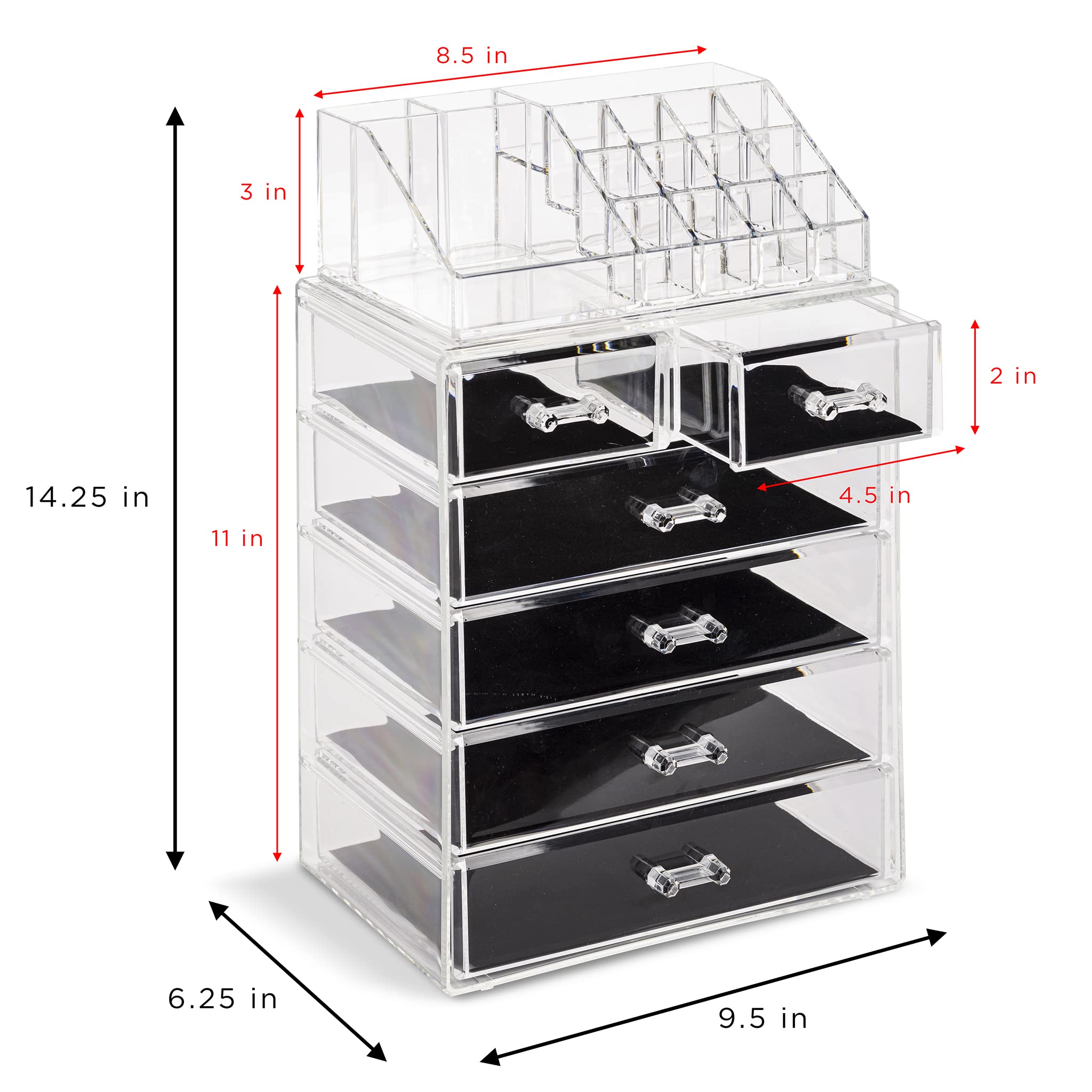 Sorbus clear acrylic organizer with wide drawers ideal for palettes, creams, and bulkier cosmetics.